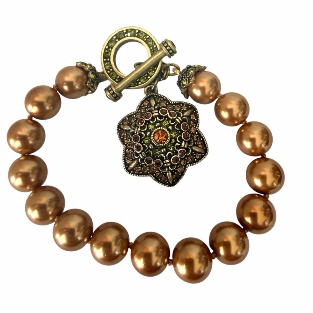 Heidi Daus Crystal Floral Charm Bronze Faux Pearl Bracelet